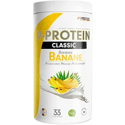 Abbildung von Vegan Protein Pulver BANANE 1kg V Pflanzliches Eiweißpulver auf Erbsenprotein Basis mit 75,8% Eiweiß Gehalt optimale Wertigkeit veganer Shake ohne Soja &amp; Weizen