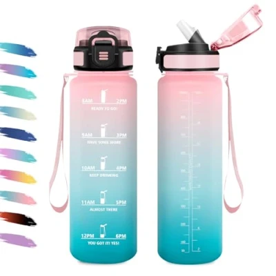 Abbildung von Trinkflasche Auslaufsicher 1L, Sportflasche mit strohhalm, Motivierende Zeitmarkierung, Kohlensäure Geeignet, Wasserflasche Sport für Laufen, Bergsteigen, Reisen, Radtouren, Büro