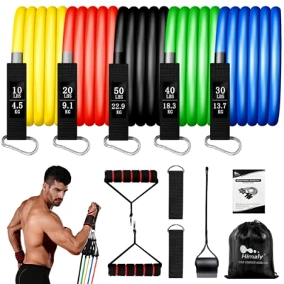 Abbildung von himaly Widerstandsbänder Fitnessbänder Set, 5 Resistance Bands mit Griff Knöchelriemen Türankerbefestigung, Training, Expander Tube Bands, Trainingsbänder für Krafttraining Yoga Pilates