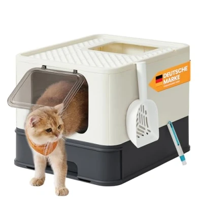 Abbildung von Feandrea Katzenklo, Katzentoilette, mit Deckel, ausziehbares Tablett, geräumig für Katzen bis 15 kg, weniger Spuren, auslaufsicherer Boden, beige schwarz PPT001W01