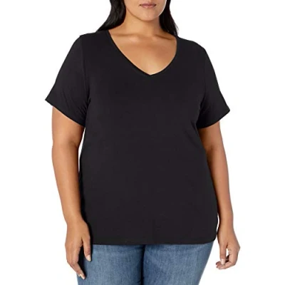 Abbildung von Amazon Essentials Damen Kurzärmeliges T Shirt mit V Ausschnitt (erhältlich in Übergröße), Schwarz, 3XL Große Größen