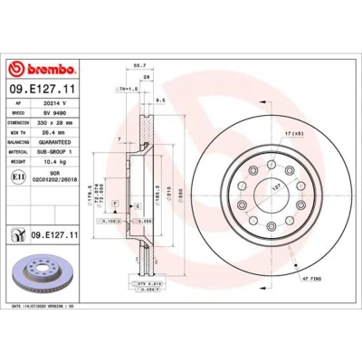Abbildung von BREMBO 09.E127.11 Bremsscheibe 330 28 5 innenbelüftet beschichtet JEEP: Wrangler IV