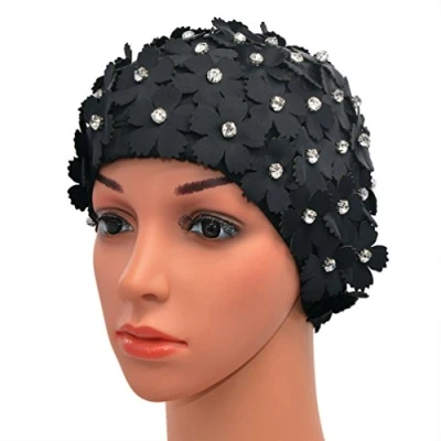 Abbildung von Medifier Handbuch Strass Floral Blütenblatt Retro Stil Schwimmen Gap Badekappen für Frauen schwarz