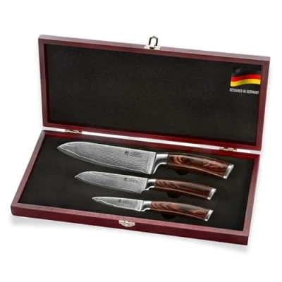 Abbildung von Wakoli EDIB 3er Damastmesser Set mit 8 17cm Klingen gefertigt aus 67 Lagen echtem Damaststahl Pakkaholzgriff in Holzbox I Premium Damast Küchenmesserset &amp; Profi Kochmesser
