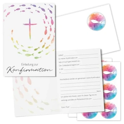 Abbildung von 15er Set Einladungskarten zur Konfirmation I DIN A6 mit Umschlägen Klappkarten bunte Fische 18 Aufklebern zum Verzieren dv_1370