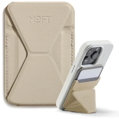 Abbildung von MOFT Magnetischer Wallet Ständer für iPhone 16/15/14/13/12 Serie Kompatibel mit MagSafe, MOVAS Vegan Leder Handyständer 3 Betrachtungswinkeln, 2 Kartenhalter (Earthen Beige)