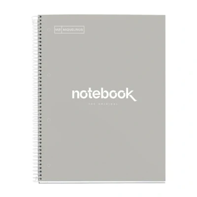 Abbildung von Miquelrius Notizbuch A4 Notebook, 1 farbiger Streifen, 80 Blatt mit raster 5 x mm, Papier 90 g/m² mikroperforiert 4 Bohrungen für Ringe, Einband aus Karton, Farbe Grau