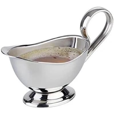 Abbildung von APS Sauciere Edelstahl, hochglanzpoliert, extra schwere Qualität Abmessungen: 6 x 13 cm, Höhe: 9 Volumen: 75 ml