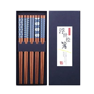 Abbildung von HAUTOCO 5 Paar Japanischer Stil Bambus Essstäbchen Wiederverwendbar mit Box, Spülmaschinenfest Essstäbchen, 22,5 cm