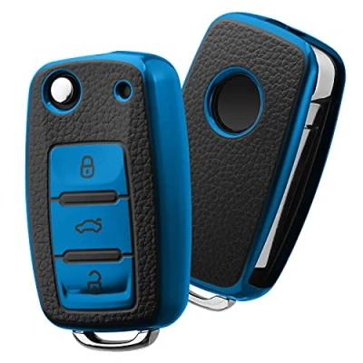 Abbildung von OATSBASF Autoschlüssel Hülle VW, vw Golf Schlüsselbox, Schlüsselhülle Cover für Polo Passat Skoda Seat 3 Tasten (P Blau)