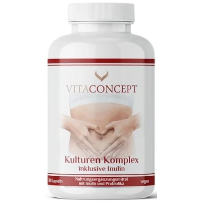 Abbildung von VITACONCEPT® I Kulturen Komplex mit Inulin 180 magensaftresistente Kapseln 500 Mrd. KBE/g 22 Bakterienstämme mikroverkapselt Lactobacillus &amp; Bifidobacterium produziert in Deutschland