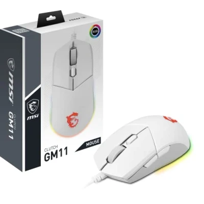 Abbildung von MSI CLUTCH GM11 WHITE Gaming Maus Optischer Sensor 5.000 DPI, symmetrisch, 10Mio+ Click OMRON Switches, 6 Tasten, 1ms Latenz, RGB Mystic Light, 89g kabelgebunden, weiß