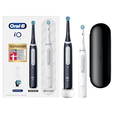 Abbildung von Oral B iO Series 4 Elektrische Zahnbürste/Electric Toothbrush, Doppelpack &amp; 2 Aufsteckbürsten, Putzmodi für Zahnpflege, Magnet Technologie, Reiseetui, Designed by Braun, matt black/quite white