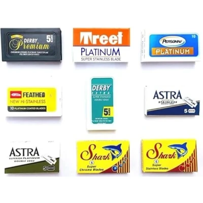 Abbildung von 60 Rasierklingen für Rasierhobel, Astra Derby Fẹather Treet Shark Persọnna Shark, Set, 9 verschiedene Klingentypen