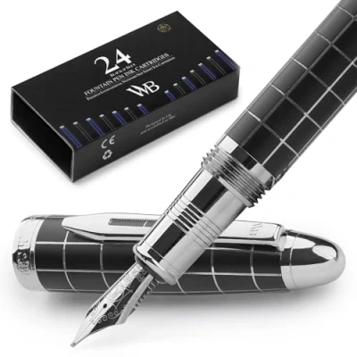 Abbildung von Wordsworth &amp; Black Majesti Füllfederhalter (Chrom kariert), luxuriöses Etui, Chrom Finish, 24 Iridium Tintenpatronen, mittlere Spitze, Geschenkset, nachfüllbarer für Männer und Frauen