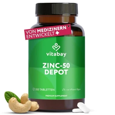 Abbildung von Vitabay Zink Tabletten 50mg 500 VEGANE Hochdosiert Supplements Zinktablette ZinkGluconat Zinktabletten Zinc Kapseln Supplement Vegan Zinkletten