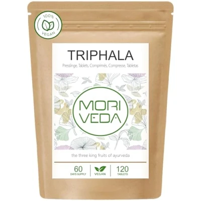 Abbildung von Triphala Presslinge 1000mg (120 oder 360 Stück) Ayurveda Königsfrüchte Amla (Amalaki), Hiritaki, Bibhitaki Qualitätsprodukt von MoriVeda Tabs)