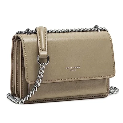 Abbildung von David Jones Damen Kleine Umhängetasche Frau Ketten Schultertasche PU Leder Handtasche Mini Crossbody Bag mit Klappe Handy Party Tasche Kettentasche Abendtasche Mode Trend Beige