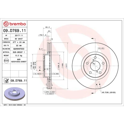 Abbildung von BREMBO 09.D769.11 Bremsscheibe 277 24 5 innenbelüftet beschichtet SUBARU: XV II, Impreza V Saloon