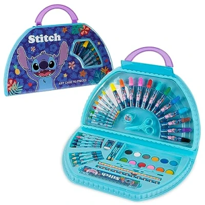 Abbildung von Disney Stitch Malkoffer 45+ Stück für Kinder ab 3, Prinzessin Malset Buntstifte Wachsmalstifte Tragbarer Geschenke (Blau Set)