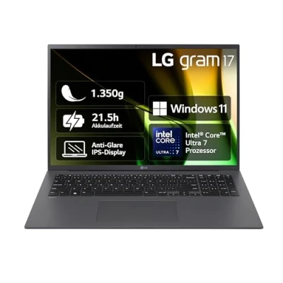 Abbildung von 2024 LG gram 17 Zoll Notebook 1350g Intel Core Ultra7 Laptop (32GB RAM, 2TB Dual SSD, 21,5h Akkulaufzeit, IPS Panel Anti Glare Display, Win 11 Home) Grau