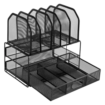 Abbildung von Amazon Basics Schreibtisch Organizer aus Metallgeflecht, mit Schublade, doppelter Ablage und 5 senkrechten Bereichen, schwarz