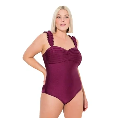 Abbildung von Ulla Popken Ruffle Strap ONE Piece Badeanzug, Damen, Größe: 48, Purple