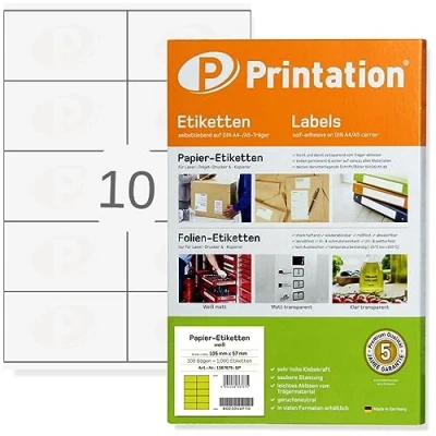 Abbildung von Printation Universal Etiketten 105 x 57 mm 1000 selbstklebend weiß bedruckbar auf 100 A4 Bogen à 2x5 105x57 Labels Adressetiketten 10 pro 3425 4425 Klebeetiketten Aufkleber