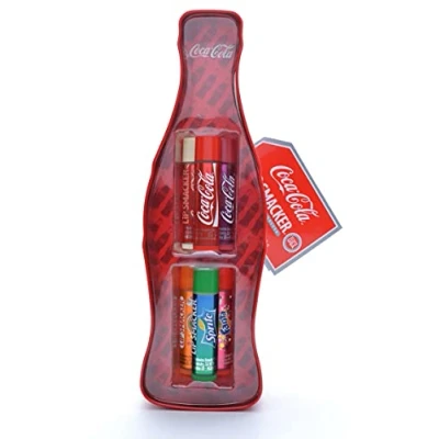 Abbildung von Lip Smacker Coca Cola in Vintage Flaschenform mit 6 Lippenpflegestiften verschiedenen Geschmacksrichtungen