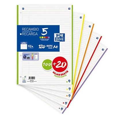 Abbildung von Oxford, A4 liniert, gelocht, Lineatur Nachfüller, 1 zeilig, 120 Blatt, 4 Löcher, 5 bunte Streifen