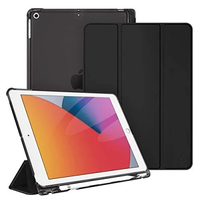 Abbildung von Fintie Hülle für iPad 9. Generation 2021/8. Gen 2020/7. 2019 10.2 Zoll mit Stifthalter, ultradünne leichte Schutzhülle transparenter Rückseite und Auto Schlaf/Wach Funktion, Schwarz