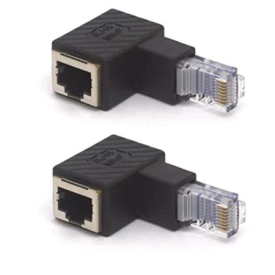 Abbildung von HTGuoji Abgewinkelter RJ45 Ethernet Adapter, 90 Grad, RJ45, 8P8C, Stecker auf Buchse, Cat5e, Cat6, Netzwerk Patch Anschluss, 2 Stück (nach unten)