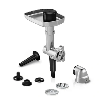 Abbildung von Bosch Zubehör Set MUZ9HA1 Hunting Adventure, Fleischwolf, Wurststopfer, Kebbevorsatz, Lochscheiben 3,5 und 8mm, Fleischwolf aus Aluminium, für Küchenmaschine Serie 8