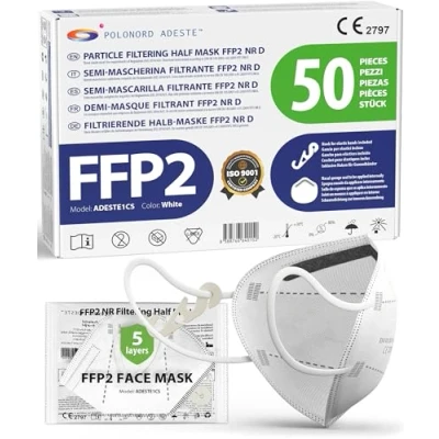 Abbildung von ADESTE 50x FFP2 Maske, Hygienische 5 lagige Staubschutzmaske, EN149:2001+A1:2009 Mundschutzmaske EU2016/425, Weiß, Atemschutzmaske, Einzelne versiegelte Beutel