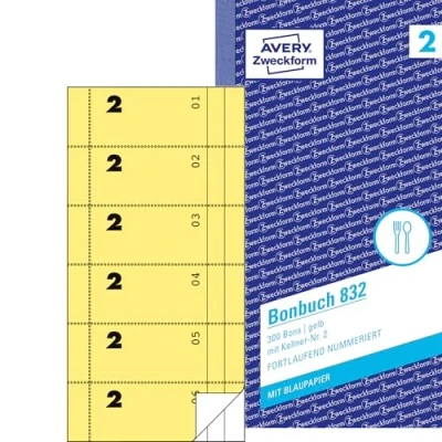Abbildung von AVERY Zweckform 832 Bonbuch (105x198mm, 300 Bons mit Kellner Nr. 2, einem Blatt Blaupapier und je Durchschlag, 1 Block Stück, ideal für den Gastronomiebedarf) gelb/weiß