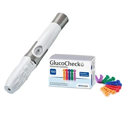 Abbildung von GlucoCheck Stechhilfe und 100 Universal Lanzetten von Gluco Check (Vorteilsset). Zur Gewinnung eines Bluttropfens für die Blutzuckermessung bei Diabetes.