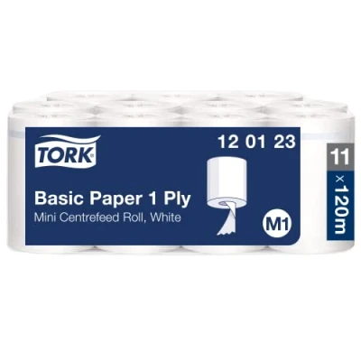 Abbildung von Tork 120123 Standard Papierwischtücher für M1 Mini Spender mit Innenabrollung Wischtücher aus Papier in Weiß, 1 lagig &amp; ungeprägt 11 Rollen x 120 Meter, unperforiert (21,5 cm)