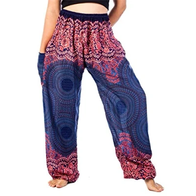 Abbildung von Lofbaz Haremshose Damen Boho Yogahose Pumphose Hippie Hose Kleidung Festival Outfit Sommerhose Leicht Sommer Hosen Rose 1 Dunkelblau 3XL Große Größen