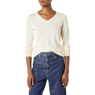 Abbildung von Amazon Essentials Damen Leichter, Langärmeliger Pullover Mit V Ausschnitt, Klassischer Schnitt (Erhältlich In Übergröße), Blasser Pfirsich, S
