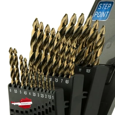 Abbildung von WELIQU HSS Co Step Point Spiralbohrer Set 25 teilig 1 13mm x 0,5mm Selbstzentrierende Metallbohrer, DIN 338, 118 für Stahl, Edelstahl, Aluminium, Messing, Bronze, Gusseisen, Hartholz, Kunststoff