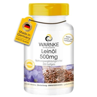 Abbildung von Leinöl 500mg Kapseln Flaxseed Oil 250 Softgels pflanzliche Omega 3 6 9 hochdosiert Großpackung Warnke Vitalstoffe Deutsche Apothekenqualität