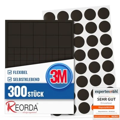 Abbildung von Reorda® Magnetplättchen selbstklebend (220 + 80 Stück) Starker 3M Kleber ermöglicht ausgezeichnete Klebekraft Vielseitige Flache Magnete zum basteln &amp; schneiden Ideal nutzbar für Schule Büro