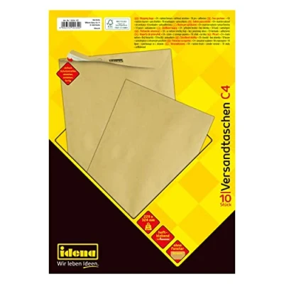Abbildung von Idena 10234 Versandtaschen DIN C4, 10 Stück haftklebend, Umschläge ohne Fenster, aus 90 g/m² FSC Recycled Papier in Braun