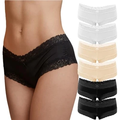 Abbildung von Fabio Farini 6er Pack Damen Panties Hipster mit verführerischen Spitzendetails Frauen Unterhosen Slips Brasil Spitze Set Unterwäsche 2X Weiß/2x Schwarz/2x Apricot 44 46
