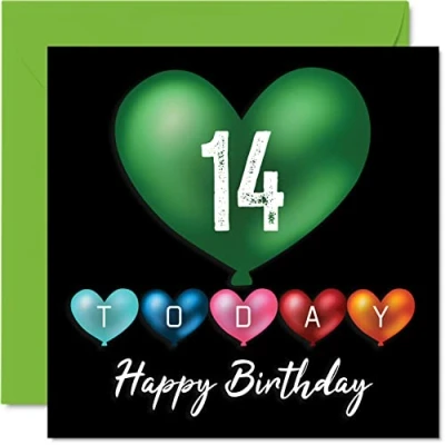 Abbildung von Lustige Geburtstagskarte zum 14. Geburtstag für Jungen und Mädchen Herzballons Happy Birthday Karte Sohn, Tochter, Bruder, Schwester, Enkel, Enkelin, Nichte, Neffe, Cousin, 145 mm x
