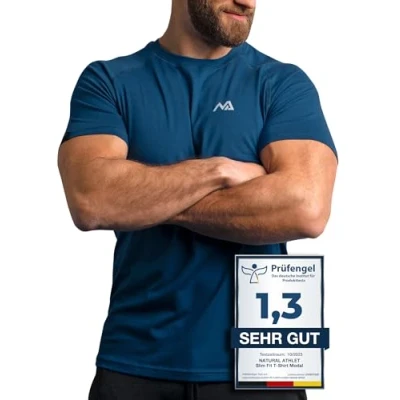 Abbildung von Natural Athlet Slim Fit Fitness Tshirt für Herren Enges &amp; langes atmungsaktives Männer Kurzarm Gym T Shirt Sport, Gym, Fitnessstudio, Workout, Bodybuilding und Krafttraining Blau