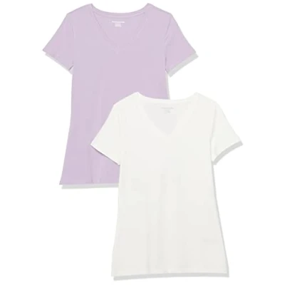 Abbildung von Amazon Essentials Damen Kurzärmeliges T Shirt mit V Ausschnitt, Klassischer Schnitt, 2er Pack, Pastelllila/Weiß, XL