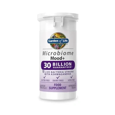 Abbildung von Garden of Life Darmflora Aufbau Microbiome Mood+ Darmbakterien mit Acidophilus &amp; Ashwagandha Nicht GVO, Glutenfrei 60 Vegane Kapseln, Halal
