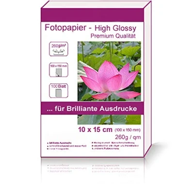 Abbildung von 100 Blatt 10x15cm 260g/m² Fotopapier Hglossy wasserfest Photopapier hochglänzend high glossy photopaper photo paper glänzend 260g / m² 260g/qm 10x15 cm 10 x 15