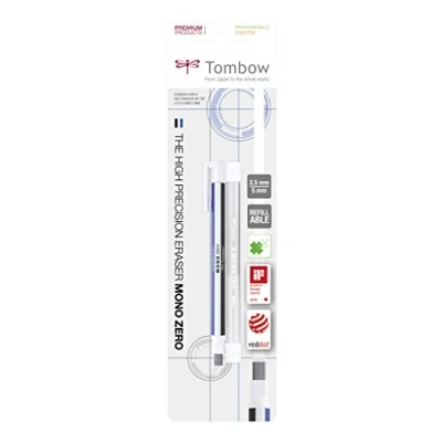 Abbildung von Tombow EHR KUS Präzisionsradierer MONO zero und Nachfüllung eckige Spitze, 2.5 x 5 mm, weiß/blau/schwarz